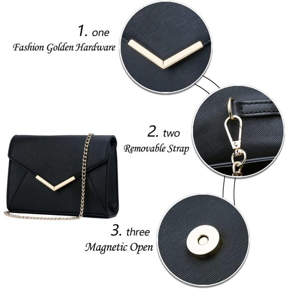 ⚡ Women's Black Leather Elegant Snap Closure Envelope Foldover Clutch Bag - Picture 5 of 7